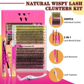 Lash Extension Kit 300PCS Eyelash Clusters 30D 40D DIY Eyelash Extension Individual Lashes Natural Lash Clusters Kit with Lash Bond and Seal, Remover and Tweezers(D-Mix10-18mm)