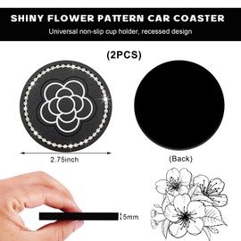 Yourkar 2 PCS Cow Print Car Cup Coaster, 2.75 Inch Anti-Slip Auto Cup Holder Insert Coaster, Anti Slip Bling Cup Mats with Flower Pattern, Universal Interior Car Accessories (Black Flower)