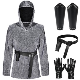 Renaissance Faux Chain Mail Armor Tunic Shirt Coif Medieval Knight Cowl Crusader Costume outfit Viking Waist Belt Set(XXL)