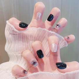 CATKIN Press On Nail Fasle Nail with design 24pcs Full Cover Reusable Acrylic Nails Artificial Nails for Women girls Medium Square Decoration Fake Nail Black Silver