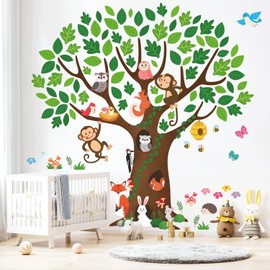 DECOWALL SG-2211 Giant Tree Kids Wall Stickers Decals Peel and Stick Animals Removable for Nursery Bedroom Living Room Playroom Art murals Decorations Monkey