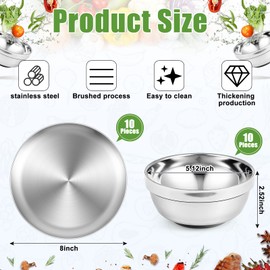 Sunnyray Stainless Steel Plates and Bowls Metal Camping Plates Reusable 13oz Steel Snack Bowls Feeding Serving Dinner Dishes Double Walled Insulated Metal Bowls for Kids (10 Set,8 Inch)