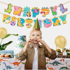 Dinosaur Birthday Banner, Happy Birthday Party Decoration, Colourful Cartoon Design