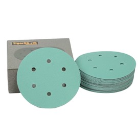 TigerShark 6 Inch Sanding Discs 6 Hole Wet Dry Grit 150 50pcs Pack Special Anti Clog Coating Film Green Line Hook and Loop Dustless Random Orbital Sander Paper