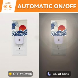 Great Japanese Wave Night Lights Plug into WallRed Sun Decorative Night Light Dusk to Dawn LED Lamp for Bedroom Bathroom Living Room