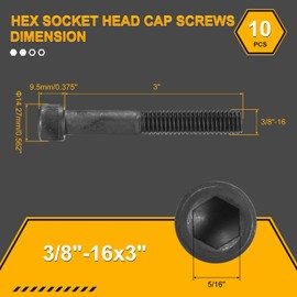 DTGN 3/8"-16x3" Socket Head Cap Screws Bolts - 10Pack - Good for Road Bicycle, Mountain Bike, Auto, Motorcycle - Carbon Steel Hex Head Metric Screws, Black