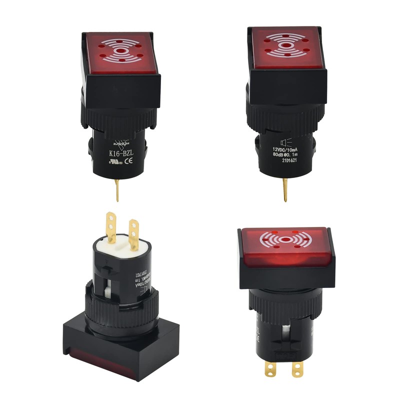 16mm Buzzer 12VDC Rectangle Red with Indicator Light LED 5/8"