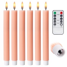 West Ivory 6 Pack, 10" LED Flameless Pink Peach Fluted Ribbed Grooved Taper Candles, Remote & 24h Timer Memory, On/Off Button, Dimmable, Flicker Mode, Battery Operated, Christmas Menorah Wedding