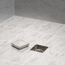 Hydroware Shower Drain - Stainless Steel Square Shape Shower Floor Drain with Removable Patterned Grate, Hair Strainer, Threaded Adapter (4 Inches, Silver (with Tile Insert))