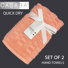 CASABA 2-PC New CASABA Quick Dry Soft Cotton Hand Towels Peach Pink Stretched Checked