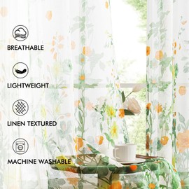 MIULEE Sage Green Printed Semi Sheer Linen Textured Curtains 84" Long 2 Panels Set for Bedroom Living Room Floral Printed Rod Pocket Tulle Light Filtering Spring Flower Pattern Window Drape 52" x 84"