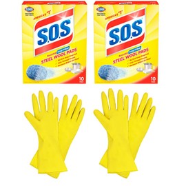 Steel Wool Soap Pads, 10-Ct. (2 Pack) Aserson Bundle with 2-Pair Latex Gloves (Color May Vary)