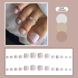 24Pcs French Square False Toenails Glossy Rhinestones - Press on Toenails Nude Glitter Stick on Toenails - Short Acrylic Full Cover Artificial Fake Toenails for Women and Girls