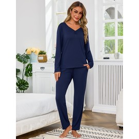 Bresdk Women's Long Cotton Pyjamas Winter Long Sleeve Loungewear Set Sleepwear V Neck, darkblue, XXL