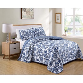 Better Home Style 3 Piece Blue White Taupe Floral Luxury Lush Soft Flowers Reversible Quilt Coverlet Bedspread Oversized Bed Cover Set # 12096 (King/Cal-King)