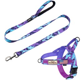 Annchwool No Pull Dog Harness with Padded Handle+5 Ft Leash,Escape Proof and Quick Fit to Adjust Dog Harness,Easy for Training Walking for Small & Medium and Large Dogs(Camo Purple Set,S)