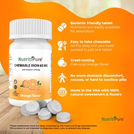 NutritiPure Chewable Iron 65 mg with Vitamin C 270 mg (for Women/Men) |60 Days Supply | No Sugar- Zesty Orange Flavor Supplement 60 Count
