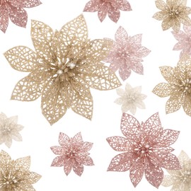 Boao 24 Pcs Christmas Glitter Poinsettia Artificial Flowers Christmas Tree Ornaments with Clips for Xmas Wreath Centerpieces Wedding Party Floral Decorations Multisize 3/4/6 Inch(Champagne,Rose Gold)