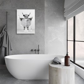 Dazzlewall Highland Cow Wall Decor Poster Funny Cow in Toilet Reading Newspaper, Black and White Wall Poster for Bathroom Toilet 12x16 in Unframed