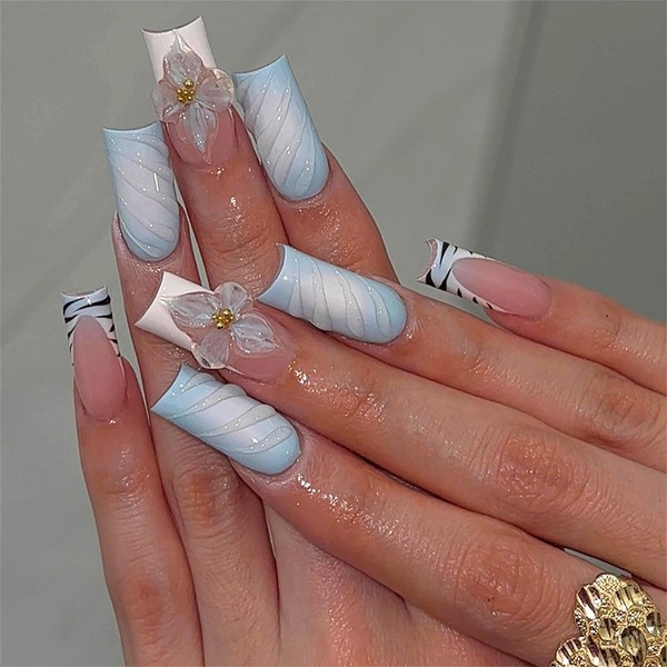 MERVF Long Press on Nails Square Fake Nails Blue Ombre