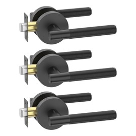 FILTA 3 Pack Black Door Handles Interior Passage Round Door Handle Knobs Knurled Heavy Duty Keyless Door Lever Lock for Bedroom and Bathroom