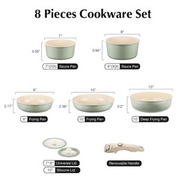 Ceramic Pots and Pans Set Non Stick Green, 8 Pcs Nonstick Cookware Set with Detachable Handle RV Camping Induction Kitchen Cookware Set Non Stick, PFAS PFOA & PTFE Free