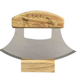 The Ulu Factory Alaska USA Birch Ulu Knife 6" Stainless Steel Blade with Block Wood Stand Heritage Breaking Camp
