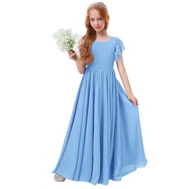 Girls Dress for Wedding, Flower Girl's Dress Prom Party Bridesmaid Dress Long Ruffle Chiffon A-Line Lace Boho Flowy Birthday Princess Communion Pleated Evening Gowns Dusty Blue - Lace 15-16 Years