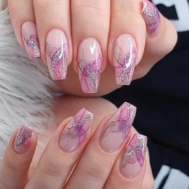 ANDGING Coffin Press on Nails Purple Pink Medium Fake Nails with Marble Glitter Silver Design Gel fake nails for Wedding Birthday Acrylic stick on nail with Glue Manicure False Nails DLP1276