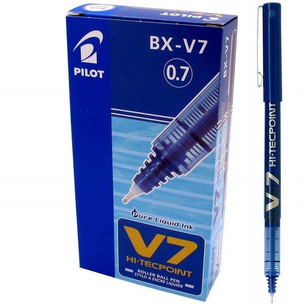 Pilot V7 Hi-Tecpoint Rollerball Pen, 0.7 mm Tip - Blue, Box of 12