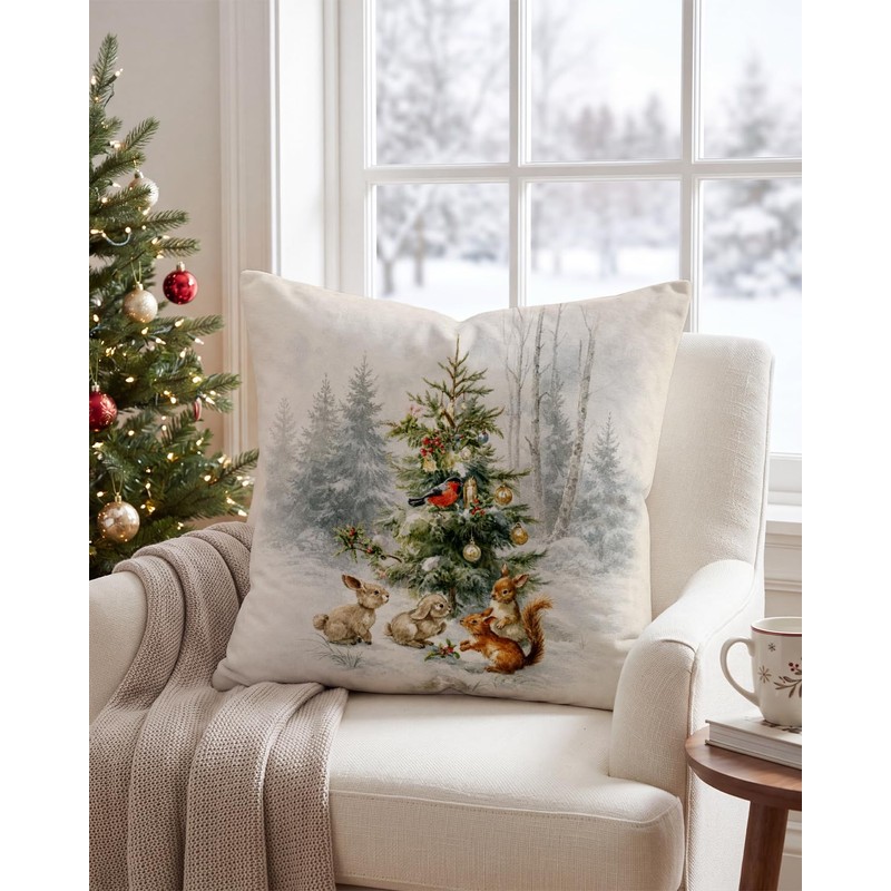 Woodland Animals Christmas Pillow Cover 18x18, Snowy Tree Decor