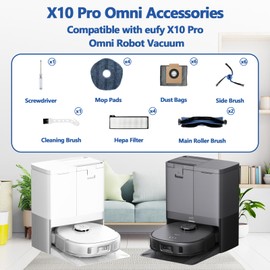 24 Pack X10 Pro Omni Replacement Parts for Eufy X10 Pro Omni Robot Vacuum Cleaner Accessories, 2 Main Brushes 4 Hepa Filter 4 Mop Pads 6 Dust Bags 6 Side Brushes 1 Screwdriver 1 Cleaning Brush