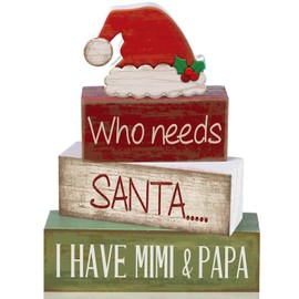Lineshading 4 Pcs Christmas Table Decorations Wooden Red Santa Hat Christmas Tiered Tray Decor Rustic Wood Santa Hat Block Sign Xmas Centerpiece Mimi and Papa's Gift Decor for Home Shelf Kitchen