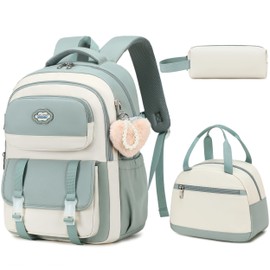 Backpack for Girls 3pcs Set Kids Backpack with Lunch Box & Pencil Case,Waterproof Bookbag Back to School Backpacks for Elementary Middle High School Students College Teen Travel(Beige Green Set)