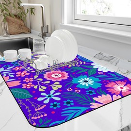 Kitchen Mat Colorful Flowers Leaves Dish Drying Mat 16"x24" Bsorbent Coffee Maker Mat for Sink Dishes or Under Rack Kitchen Counter Accessories Absorbent Hide Stain Rubber Backed Dish Drying Pad