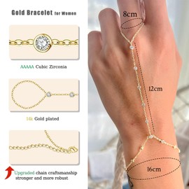 Calkkrer 14K Golden Hand Chain Bracelet for Women, Gold Plated Finger Ring Bracelet with Zirconia Trim, Simple Waterproof Bracelet, Fashion Jewellery for Women