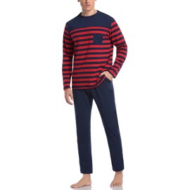 NC Men's Striped Pyjamas Long Winter Cotton Sleepwear Long Sleeve Crew Neck, B-red, xl