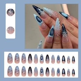 24 Pcs Blue Press on Nails Short Almond - YEFIUO Glitter French Fake Nails Press ons Nail Art Tips Glue on Nails with 3D Ocean Shells Flowers Design Full Cover Acrylic False Nails Stick on Nail Kit