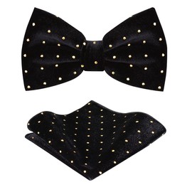TIE G Men's Glitter Velvet Bow Tie + Pocket Square Set in Gift Box for Wedding, Party : Glittering Effects, Unisex Design (Imperial Black)