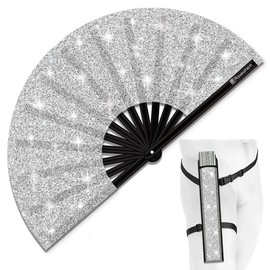 Glitter Large Rave Folding Clack Hand Fan with holster for men women Handheld Fan for EDM,Festival,Club,Party,Dance:_Pink Glitter Fan