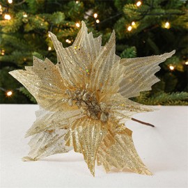 Champracer Pack of 4 Glitter Christmas Flowers Decoration, Christmas Tree Decoration Ornament Made of Plastic, Christmas Tree Pendant for New Year Ornaments, Pendant and Wreath (Gold)