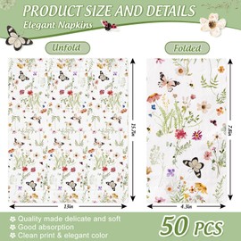 Whaline 50Pcs Floral Guest Napkins Watercolor Wildflower Disposable Napkins Spring Dinner Paper Hand Towel for Home Kitchen Bathroom Wedding Bridal Baby Shower