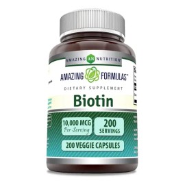 AMAZING FORMULAS Biotin 10,000 mcg 200 Cápsulas Vegetales  Suplemento Alimenticio con Biotina  Gluten Free, Soy Free y Non-GMO                        