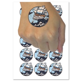 Fantasy Ship on Large Ocean Wave Temporary Tattoo Water Resistant Fake Body Art Set Collection - 54 1" Tattoos (1 Sheet)