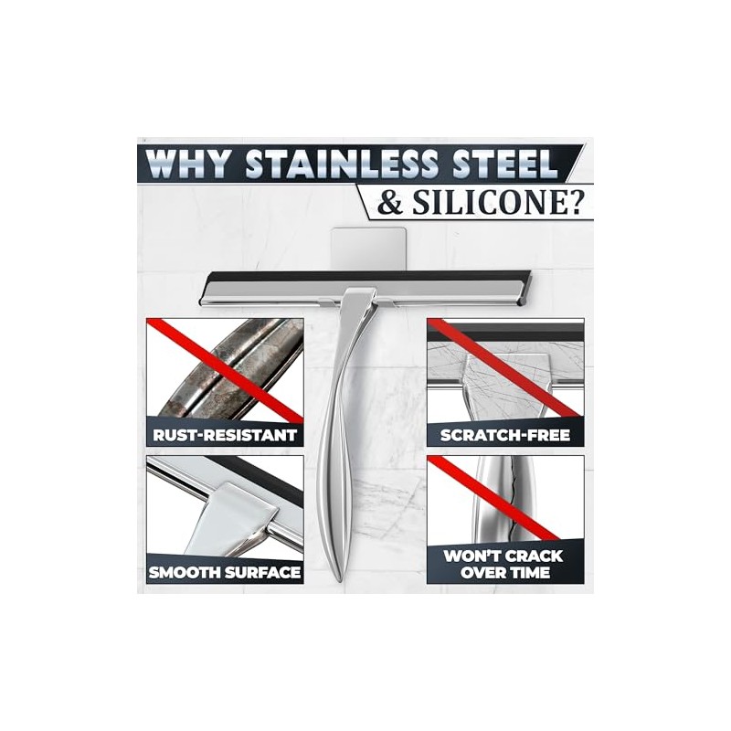 Stainless Steel Shower Squeegee with Silicone Blade and Hook