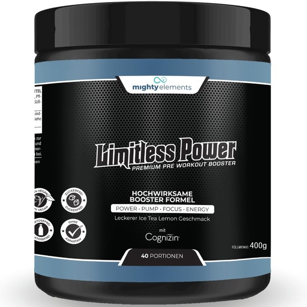 Mighty Elements Limitless Power Pre-Workout Booster 400 g, with Caffeine for Increased Attention, L-Arginine, L-Citrulline, Beta-Alanine, Creatine, Ice Tea Lemon, Ideal for Intensive Training Sessions