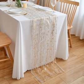 CHUQING Table Runner Gold Table Runner Golden Wedding Table Decoration Chiffon Transparent Table Runner 70 x 300 cm