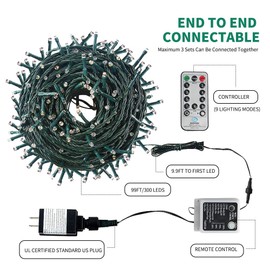 MZD8391 Color Changing Christmas String Lights Outdoor Indoor, 108FT 300 LED Warm White Multi Color Fairy Light, END to END CONNECTABLE, Waterproof Christmas Tree Lights with Timer Remote