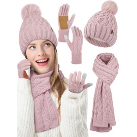 Aneco Women Winter Beanie Hat Scarf Gloves with Pom Pom Fleece Lined Touchscreen Gloves Set Thick Warm Knit Cap 3-in-1 Set Dusty Pink