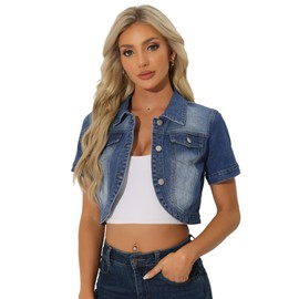 Allegra K Casual Denim Jacket for Women's Turndown Collar Short Sleeves Crop Jean Jackets Small Mid-Blue